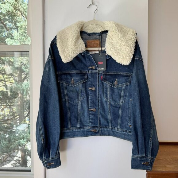 NWT Levi's Denim Jacket Sherpa Fleece Baby Bubble Trucker Jacket Dark Wash Small - Picture 8 of 13